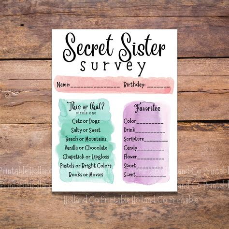 Printable Secret Sister Questionnaire